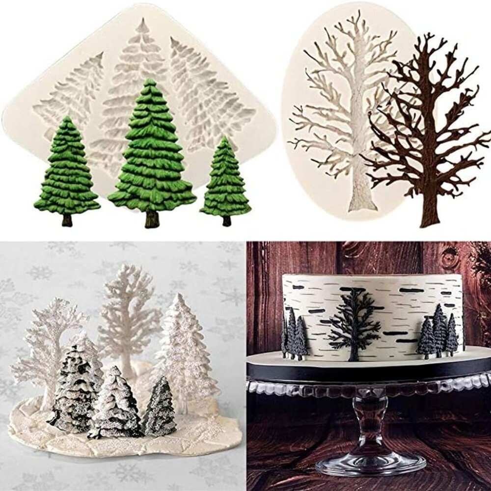 2 Pcs/Set Christmas Tree Fondant Cake Silicone Mold,Xmas Birthday Party DIY Cake